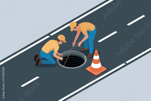 Construction workers performing maintenance on a manhole cover on a busy road with traffic cones for safety.