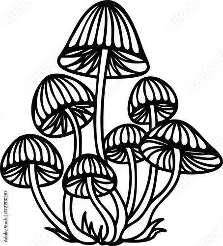 Mystical mushrooms black and white vector illustration, magical forest fantasy line art, surreal boho nature design