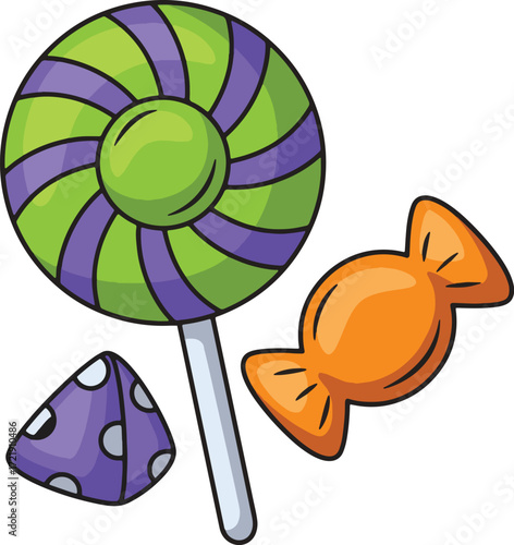 Halloween candy including a swirl lollipop a wrapped candy and a triangle candy