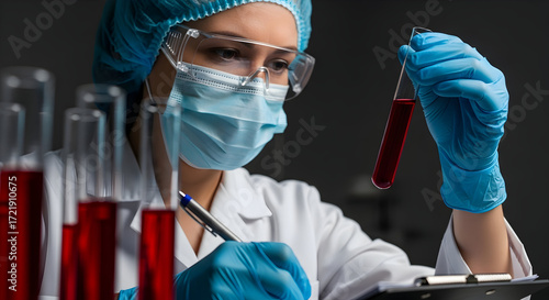 Female scientist in lab coat examining blood sample in test tube medical research healthcare science laboratory analysis experiment discovery innovation