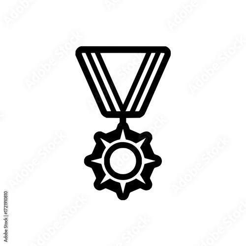 Isolated black and white illustration of a medal with a triangular ribbon and star shaped emblem