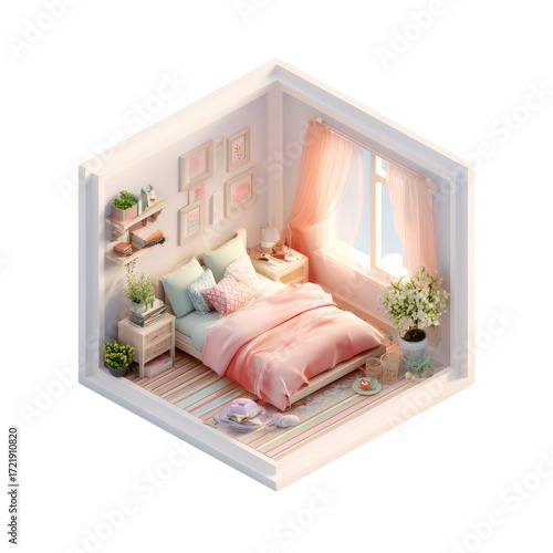 Cute, pastel-toned bedroom in isometric style.  A small, cozy room with a bed, decorations, and plants
