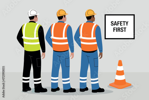 Construction workers wearing safety vests and hard hats observe safety first sign and traffic cones