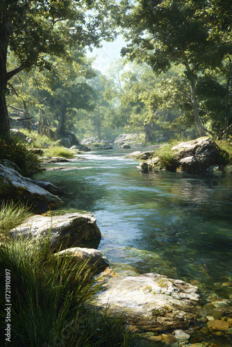 The Soothing Symphony of Nture: Exploring the Tranqul Beauty and Serene Ambiane of a Gentle River Flow i a Picturesque Landscape