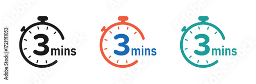 3 minutes timer, stopwatch or countdown vector icons