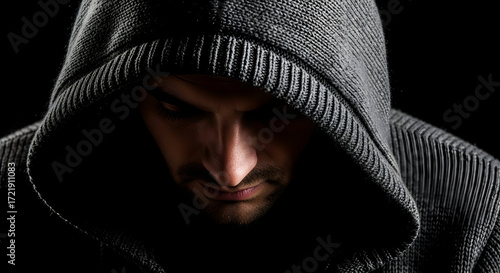 Mysterious Man Hidden in Shadows Dark Hooded Figure Low Light Photography Man in Hoodie Shadowy Person Concealed Identity Dramatic