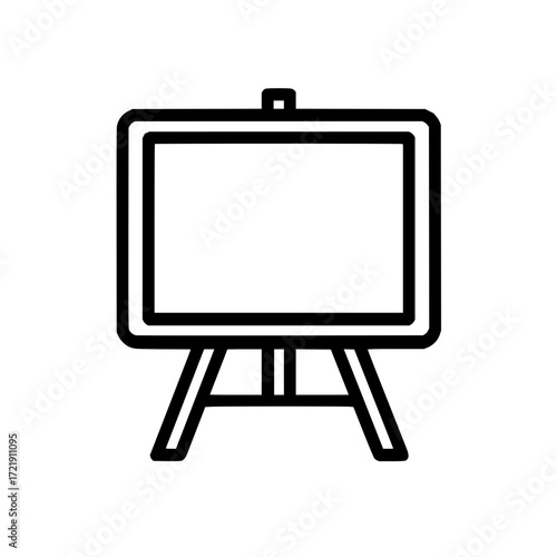Illustration of a blank canvas on a wooden easel stand with a simple black outline design style art