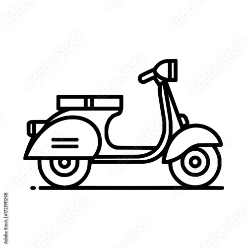 A black and white line drawing of a vintage style scooter with a seat and visible wheels shown sideways