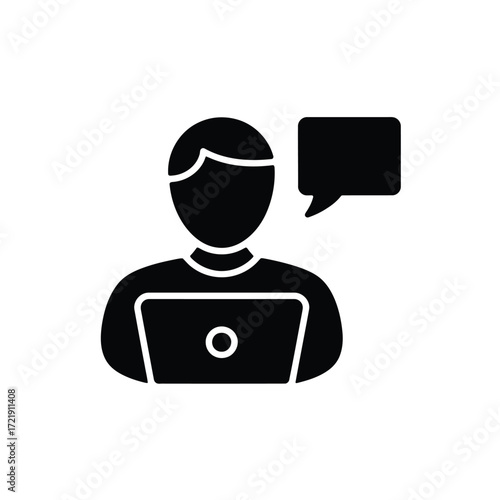 Customer service representative with laptop and speech bubble offering help online support icon
