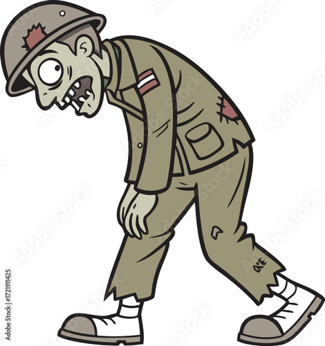 Cartoon zombie soldier in tattered uniform and helmet