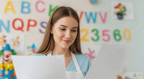 Smiling teacher reviewing papers in a colorful classroom setting happy preschool education childcare early learning development kids teacher