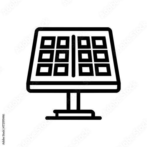 Illustration of a solar panel with cells arranged in a grid pattern on a stand in black outline