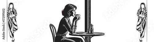 Elegant woman enjoys coffee break in stylish cafe atmosphere, feeling sophisticated and relaxed.