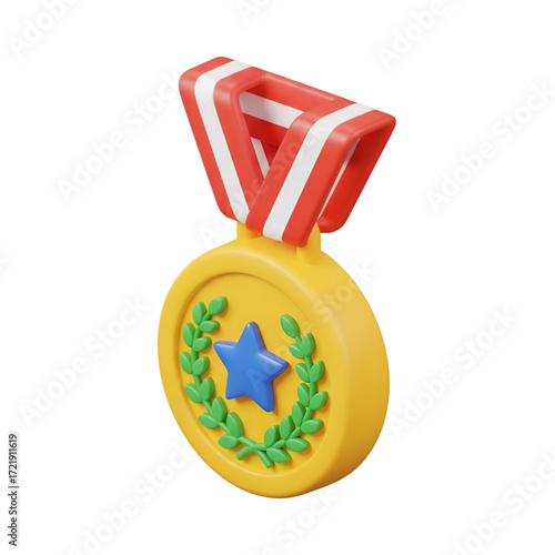 3d cartoon gold medal with red and white ribbon isolated on transparent background