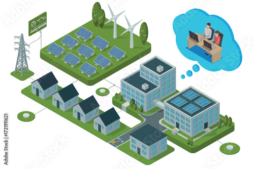 Modern sustainable smart city development with renewable energy solar panels wind turbines and energy efficient housing