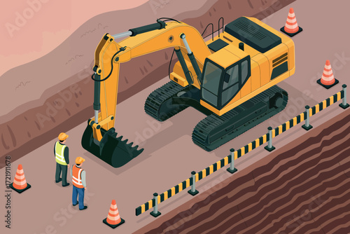 Yellow excavator digging trench with construction workers and safety cones at building site