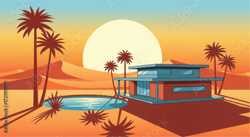 Desert oasis house with palm trees landscape