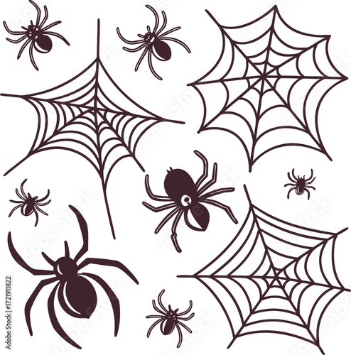 Dark purple spiders and cobwebs on white background