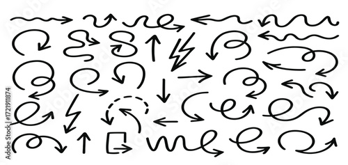 collection of hand drawn arrows in various curved spiral