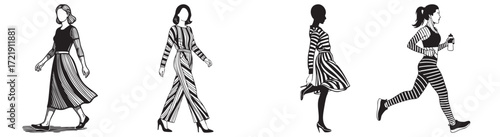Diverse women showcase fashion and active lifestyles with dynamic striped patterns