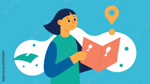 A person looking at a map confused and unable to remember how to get to their destination.. Vector illustration