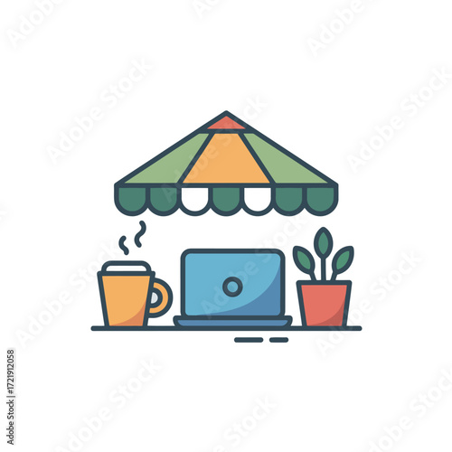 Cozy Outdoor Workspace with Laptop Coffee and Plant Promoting Remote Work Lifestyle