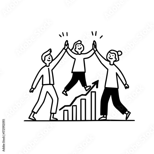 Three people celebrating success with a rising graph and bar charts in a black and white drawing style