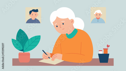A person in their later years writing a letter to their grandchildren sharing life lessons and personal experiences passing down family history and wisdom.. Vector illustration