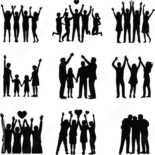 Groups of Happy People Silhouette Icon Collection Joyful Crowd and Friends Vector Silhouette Set