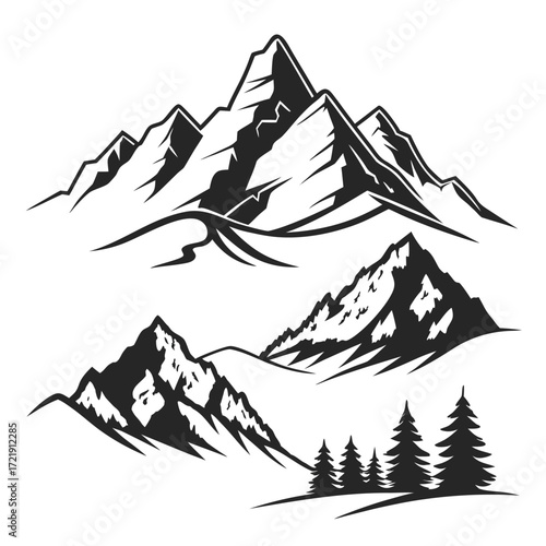 Collection of three black and white mountain range silhouettes showcasing varied peaks and a small cluster of pine trees