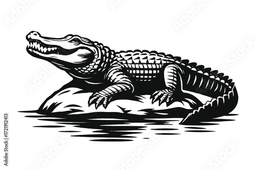 a black and white silhouette of a crocodile with white background