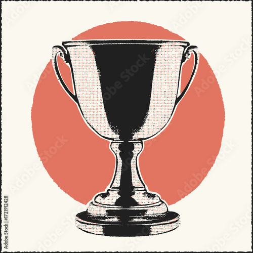 Vintage halftone style winner trophy cup with handles silhouette in minimalist vector illustration on retro orange circle background suitable for award design or achievement concept