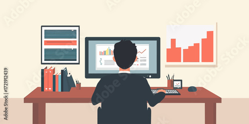 Flat businessman analyzing financial investment graph report on computer screen with business documents and office desk setup in minimalist vector style