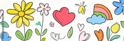 Hand drawn colorful flowers heart rainbow butterflies whimsical seamless pattern outline doodle vector background design for children and baby products