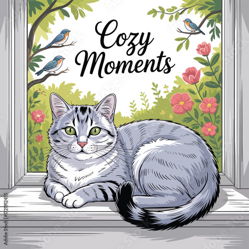 A detailed line art vector illustration of a silver tabby cat resting on a windowsill with birds and flowers outside