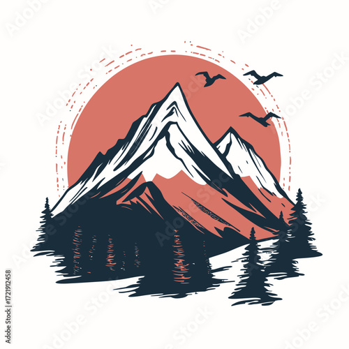 Minimalist vector illustration of mountain peaks with forest trees and flying birds against a red sun background for outdoor adventure design