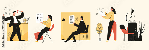 Business people working in office setting with documents, laptop, smartphone, and time management symbols in flat minimalist style vector illustration