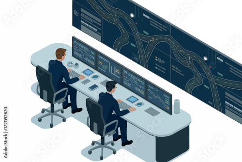 Modern control room with technicians monitoring complex data displays and systems on multiple screens