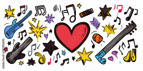 Hand drawn colorful music doodles with electric guitars, hearts, musical notes, stars, and sound waves in crayon brush stroke style vector illustration