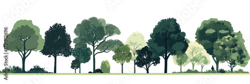 Panoramic vector illustration of isolated green trees in various shades with grass silhouette and small human figure on white background simple flat minimalist style nature landscape design
