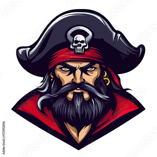 Fierce pirate head with skull hat and red bandana featuring intense eyes black beard and gold earrings vector illustration logo