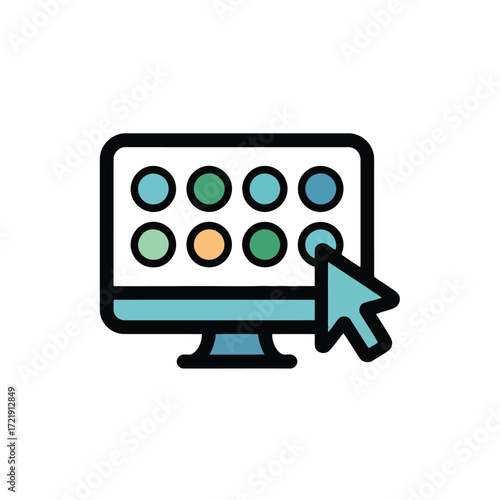 Computer screen with colorful round icons and mouse cursor highlighting user interface elements