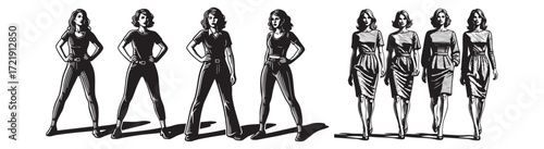 Confident women showcase diverse stylish outfits and strong stances