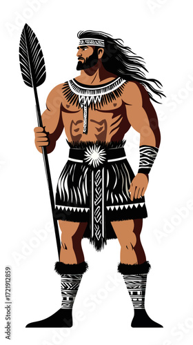 Powerful Maori warrior standing tall holding traditional feathered spear wearing tribal skirt, armbands, and headband in flat vector style illustration