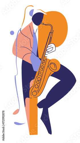 Minimalist abstract vector illustration of saxophone player musician in modern jazz style with orange and blue color shapes and line art design
