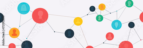 Colorful abstract social network connection nodes linked by lines on white background flat vector illustration for communication and teamwork concept banner design