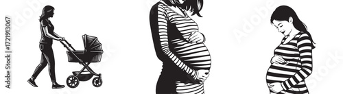 Pregnant woman tenderly holds belly, mother pushes stroller, diverse maternal moments