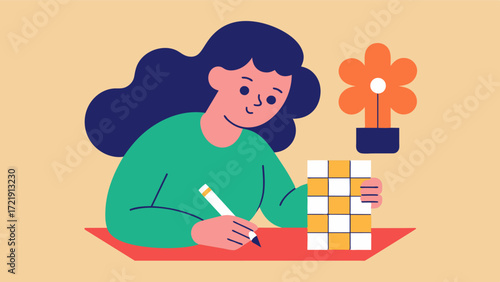A picture of a woman doing a crossword puzzle with a note that says Brain Games Incorporating puzzles and games into your daily routine can improve cognitive function and memory.. Vector illustration