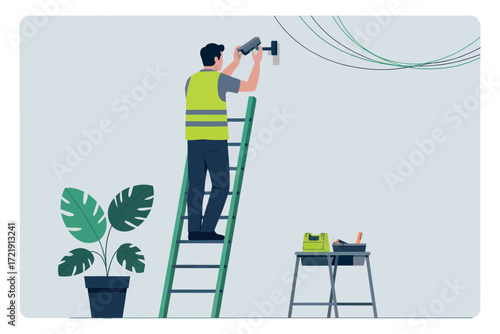 Skilled technician installing security camera on ladder with tools and plant scene for home surveillance solutions