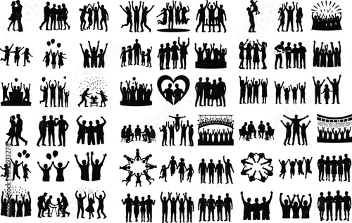 Groups of Happy People Silhouette Icon Collection Joyful Crowd and Friends Vector Silhouette Set